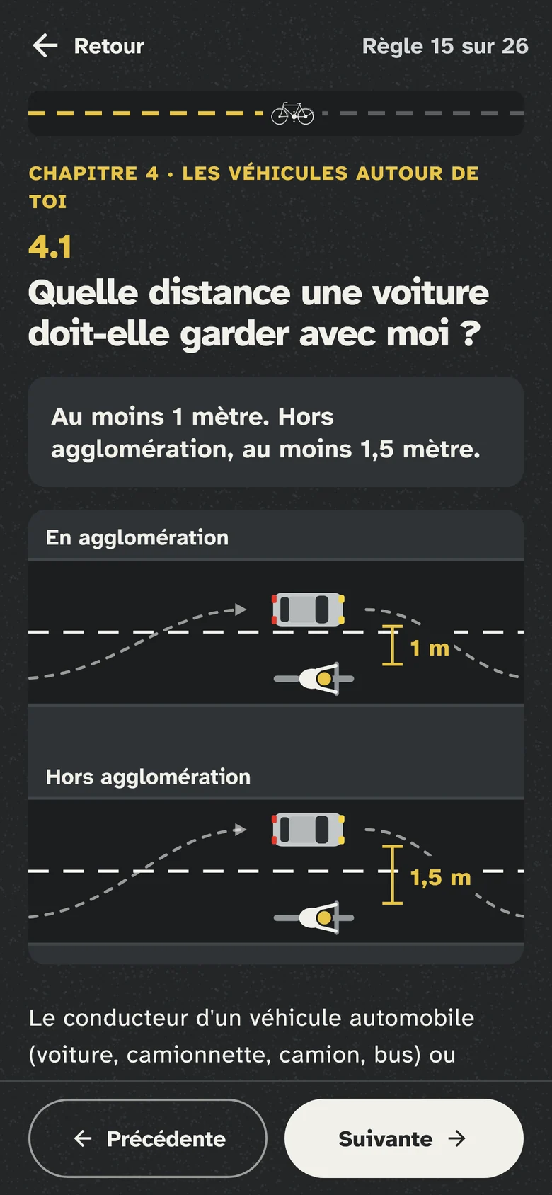 Écran de la règle sur la distance de dépassement : deux schémas, 1 mètre en agglomération et 1,5 mètre hors agglomération.
